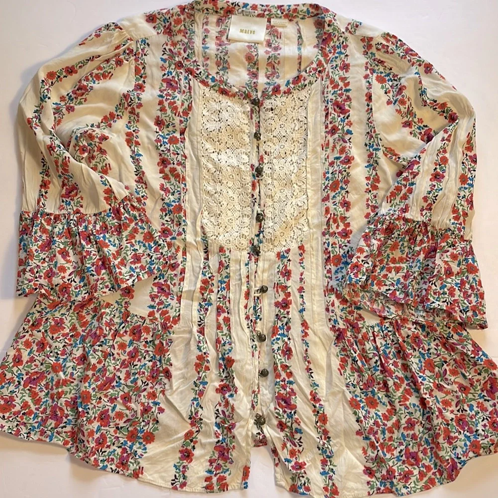 Maeve Anthropologie Hiver Floral Peasant Blouse Crochet Pleated Buttons Size 10 - Picture 10 of 16